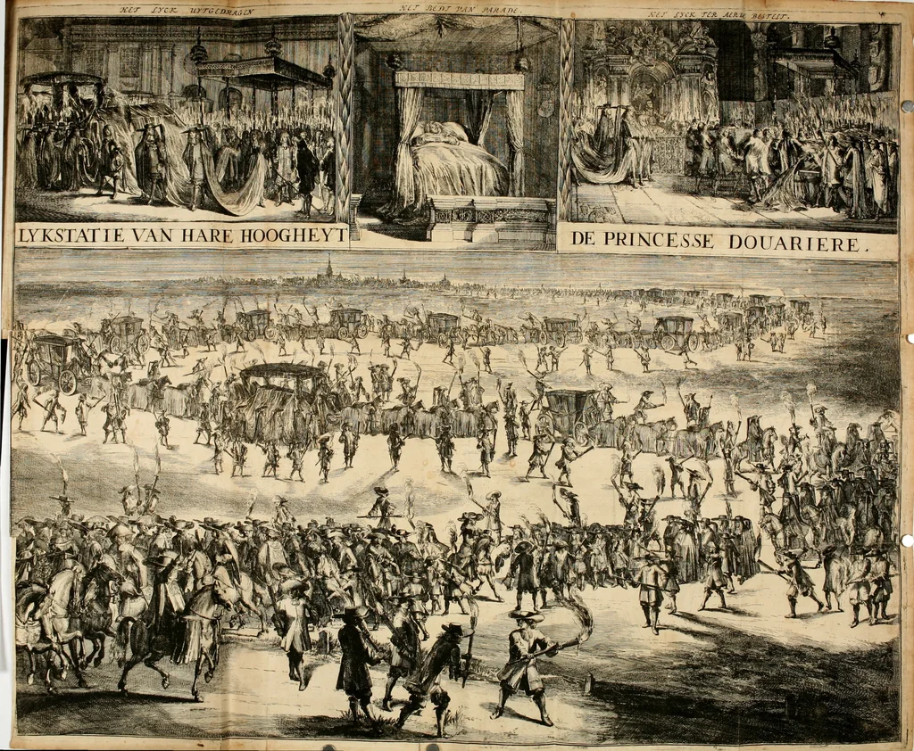 An illustration from Lyk-predicatie op de begravenisse van Hare Hoogheit, mevrouwe de Princesse Douariere d'Orange, geschiet by avont, met solemnele stacy, den 21. van winter-maand, 1675 : na haar salig overlyden op den 8. van herfst-maant, in 't 74. jaar des ouderdoms : gedaan daags daar aan, op de groote zaal van haar hof in 's Gravenhage, op ordre en in 't bywesen Harer Hoogheden de doorlugtige nakomelingen en erven, 1676, leaf 63