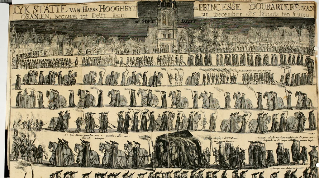 An illustration from Lyk-predicatie op de begravenisse van Hare Hoogheit, mevrouwe de Princesse Douariere d'Orange, geschiet by avont, met solemnele stacy, den 21. van winter-maand, 1675 : na haar salig overlyden op den 8. van herfst-maant, in 't 74. jaar des ouderdoms : gedaan daags daar aan, op de groote zaal van haar hof in 's Gravenhage, op ordre en in 't bywesen Harer Hoogheden de doorlugtige nakomelingen en erven, 1676, leaf 73