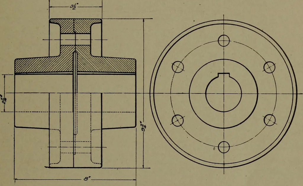 An illustration from Machine drawing, a practical guide to the standard methods of graphical representation of machines, including complete detail drawings of a duplex pump and of a direct-current generator, 1920, leaf 14