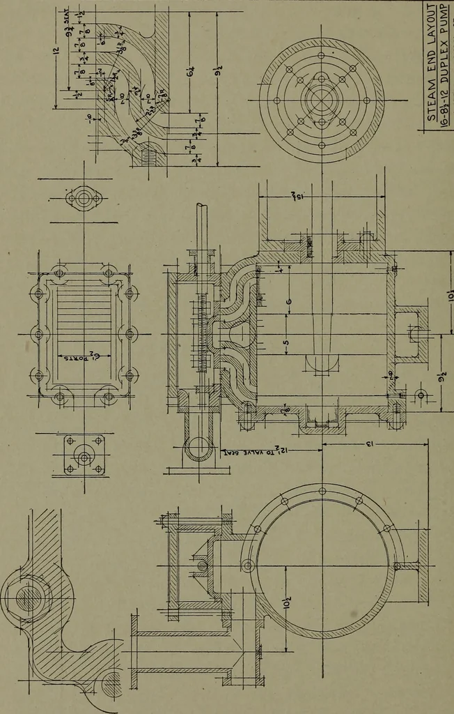 An illustration from Machine drawing, a practical guide to the standard methods of graphical representation of machines, including complete detail drawings of a duplex pump and of a direct-current generator, 1920, leaf 177