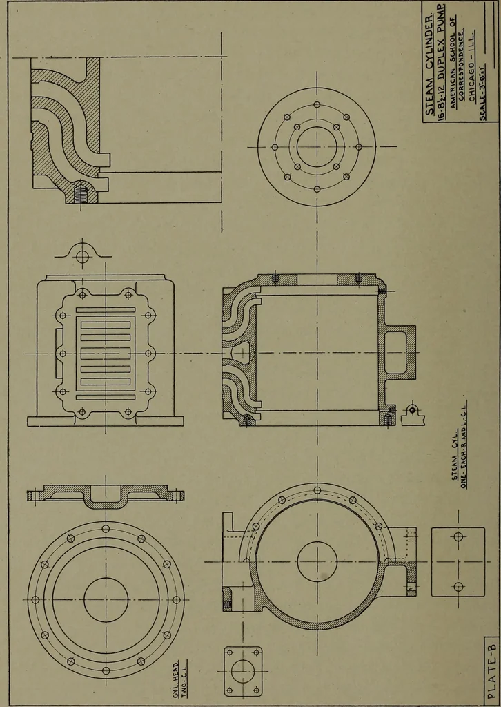 An illustration from Machine drawing, a practical guide to the standard methods of graphical representation of machines, including complete detail drawings of a duplex pump and of a direct-current generator, 1920, leaf 185