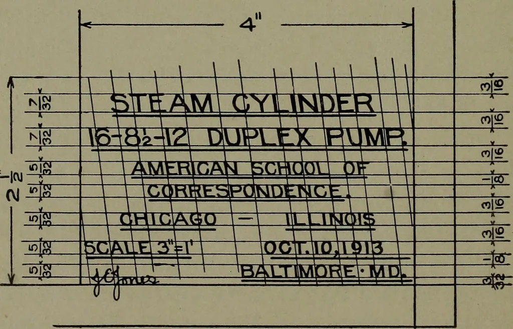 An illustration from Machine drawing, a practical guide to the standard methods of graphical representation of machines, including complete detail drawings of a duplex pump and of a direct-current generator, 1920, leaf 193