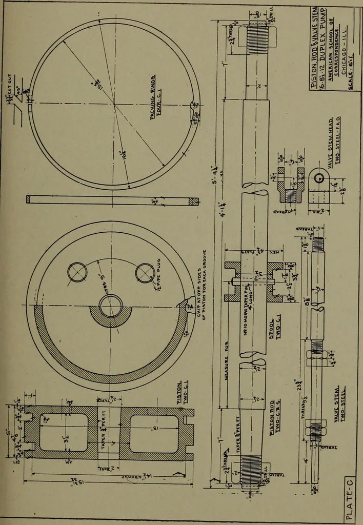 An illustration from Machine drawing, a practical guide to the standard methods of graphical representation of machines, including complete detail drawings of a duplex pump and of a direct-current generator, 1920, leaf 198