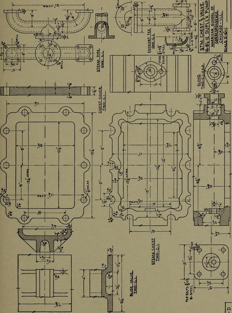 An illustration from Machine drawing, a practical guide to the standard methods of graphical representation of machines, including complete detail drawings of a duplex pump and of a direct-current generator, 1920, leaf 200