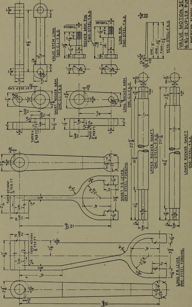 An illustration from Machine drawing, a practical guide to the standard methods of graphical representation of machines, including complete detail drawings of a duplex pump and of a direct-current generator, 1920, leaf 207