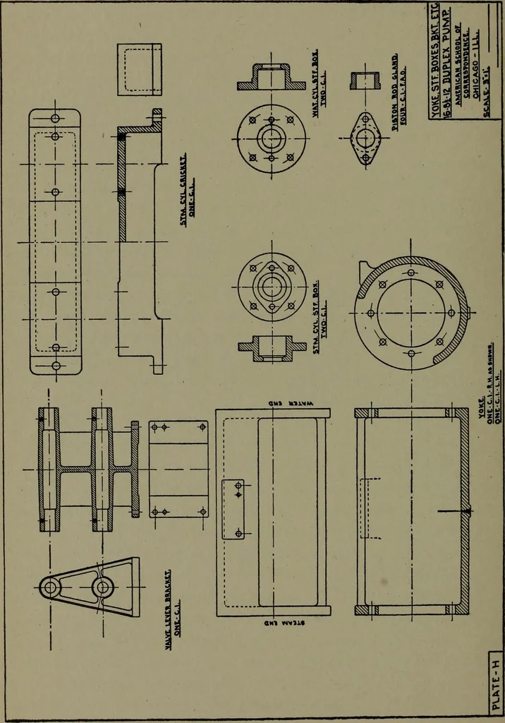 An illustration from Machine drawing, a practical guide to the standard methods of graphical representation of machines, including complete detail drawings of a duplex pump and of a direct-current generator, 1920, leaf 209