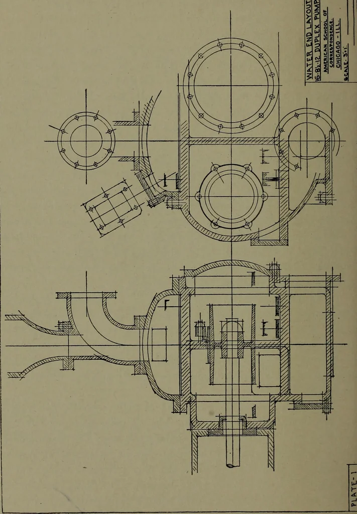 An illustration from Machine drawing, a practical guide to the standard methods of graphical representation of machines, including complete detail drawings of a duplex pump and of a direct-current generator, 1920, leaf 211