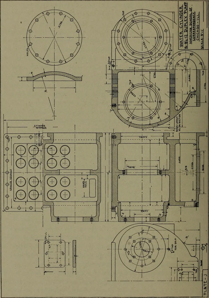 An illustration from Machine drawing, a practical guide to the standard methods of graphical representation of machines, including complete detail drawings of a duplex pump and of a direct-current generator, 1920, leaf 215