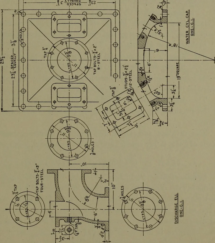 An illustration from Machine drawing, a practical guide to the standard methods of graphical representation of machines, including complete detail drawings of a duplex pump and of a direct-current generator, 1920, leaf 218