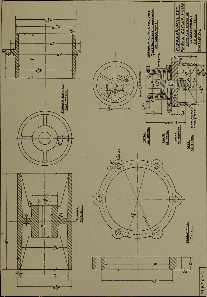 An illustration from Machine drawing, a practical guide to the standard methods of graphical representation of machines, including complete detail drawings of a duplex pump and of a direct-current generator, 1920, leaf 220