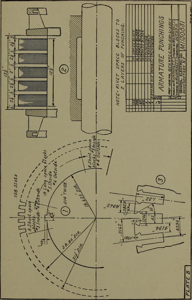 An illustration from Machine drawing, a practical guide to the standard methods of graphical representation of machines, including complete detail drawings of a duplex pump and of a direct-current generator, 1920, leaf 240