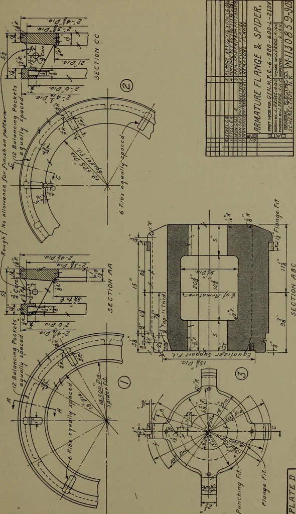 An illustration from Machine drawing, a practical guide to the standard methods of graphical representation of machines, including complete detail drawings of a duplex pump and of a direct-current generator, 1920, leaf 244