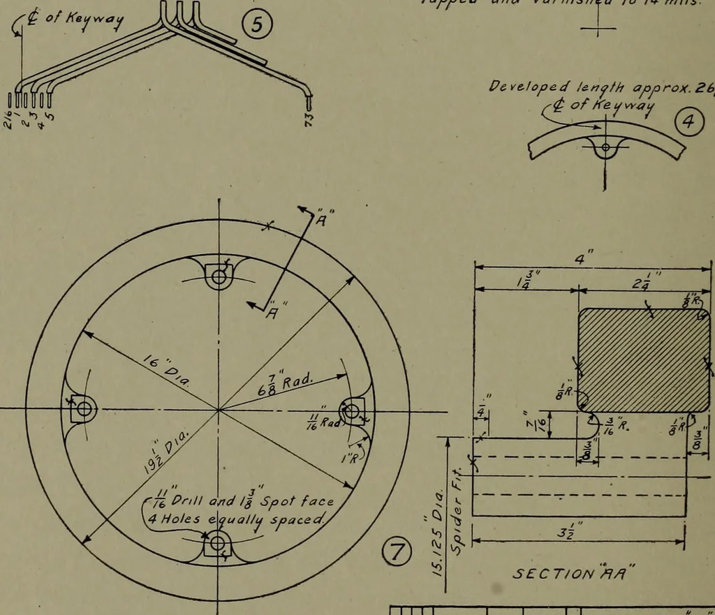 An illustration from Machine drawing, a practical guide to the standard methods of graphical representation of machines, including complete detail drawings of a duplex pump and of a direct-current generator, 1920, leaf 247