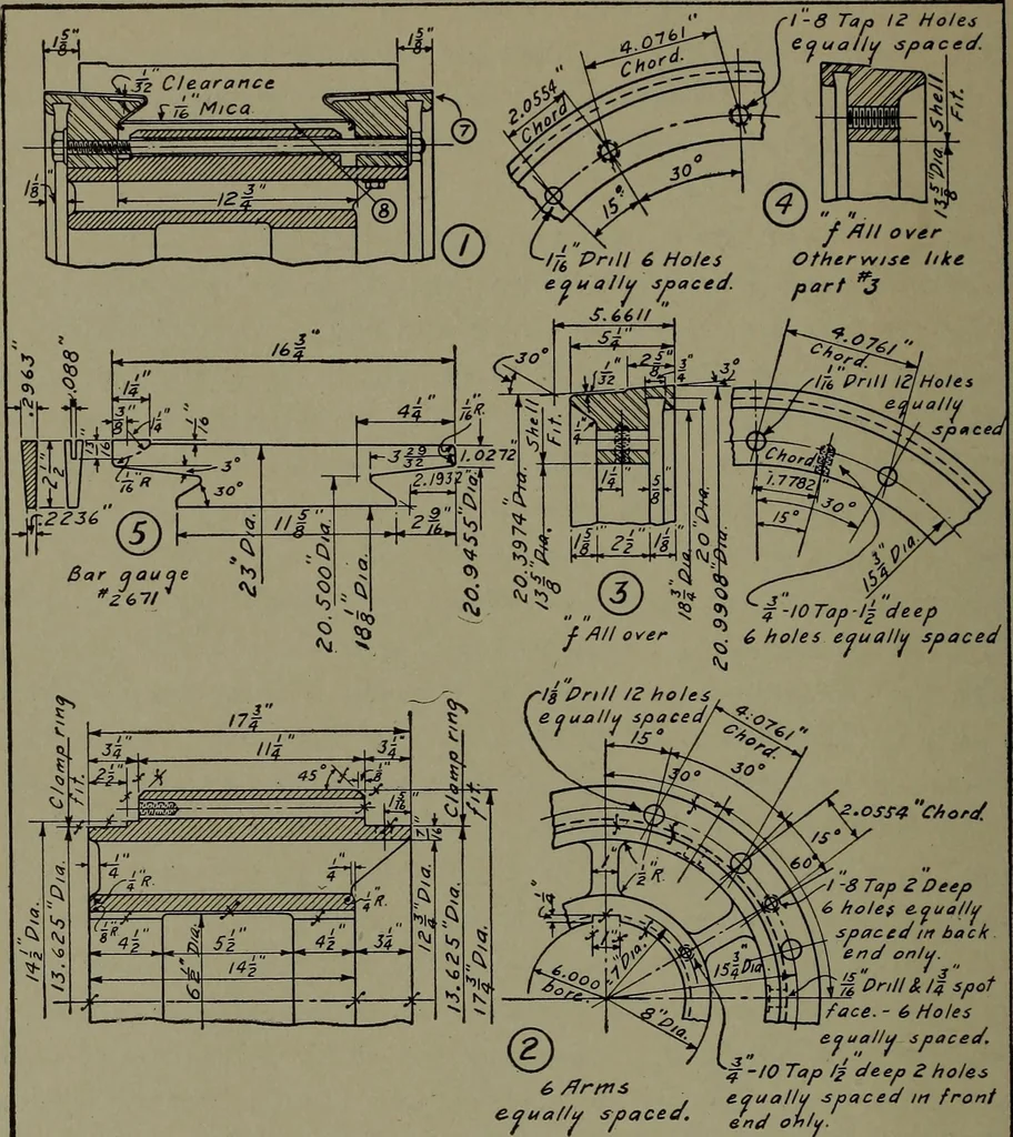 An illustration from Machine drawing, a practical guide to the standard methods of graphical representation of machines, including complete detail drawings of a duplex pump and of a direct-current generator, 1920, leaf 249