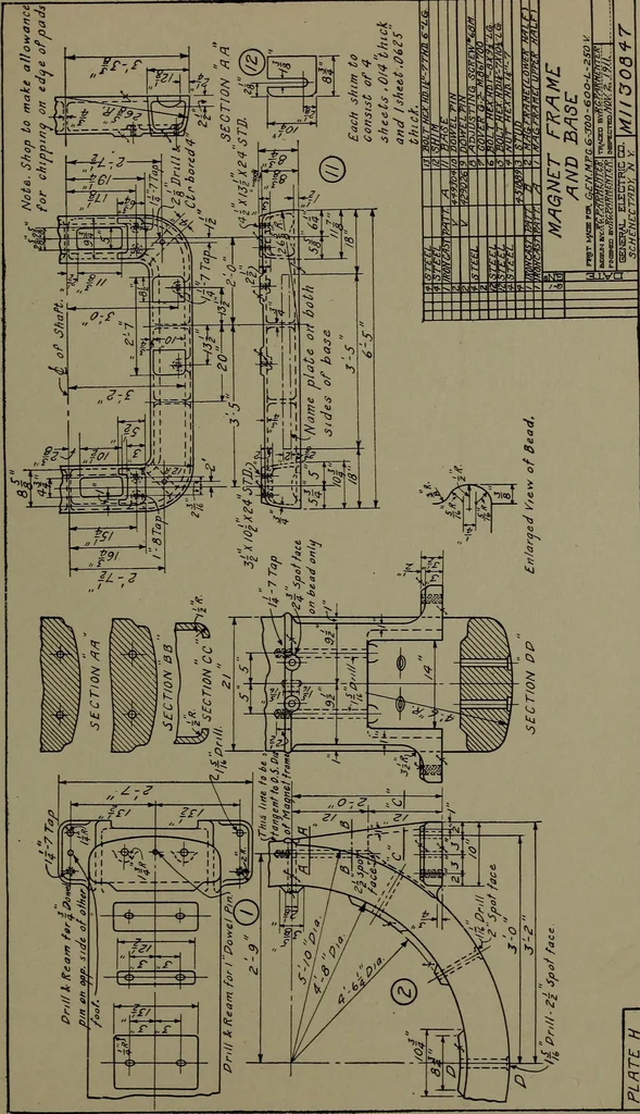 An illustration from Machine drawing, a practical guide to the standard methods of graphical representation of machines, including complete detail drawings of a duplex pump and of a direct-current generator, 1920, leaf 254
