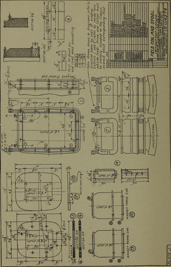 An illustration from Machine drawing, a practical guide to the standard methods of graphical representation of machines, including complete detail drawings of a duplex pump and of a direct-current generator, 1920, leaf 259