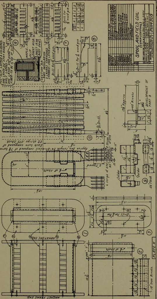 An illustration from Machine drawing, a practical guide to the standard methods of graphical representation of machines, including complete detail drawings of a duplex pump and of a direct-current generator, 1920, leaf 262