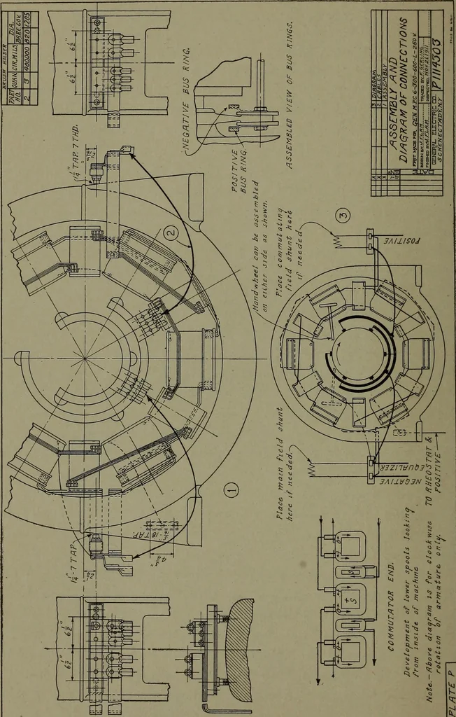 An illustration from Machine drawing, a practical guide to the standard methods of graphical representation of machines, including complete detail drawings of a duplex pump and of a direct-current generator, 1920, leaf 275