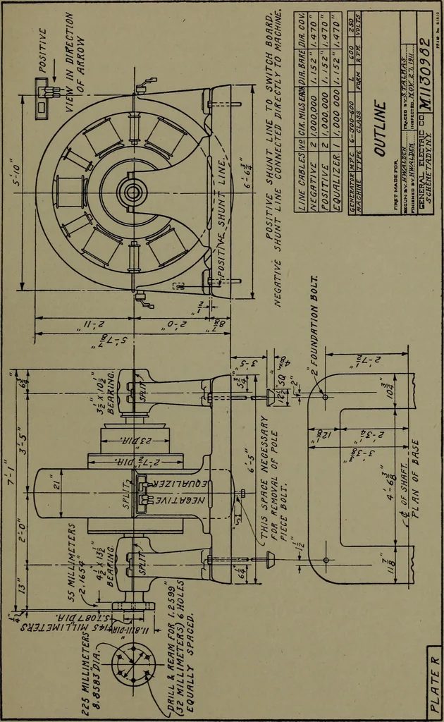 An illustration from Machine drawing, a practical guide to the standard methods of graphical representation of machines, including complete detail drawings of a duplex pump and of a direct-current generator, 1920, leaf 278