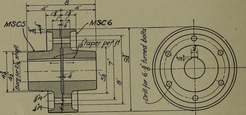 An illustration from Machine drawing, a practical guide to the standard methods of graphical representation of machines, including complete detail drawings of a duplex pump and of a direct-current generator, 1920, leaf 55