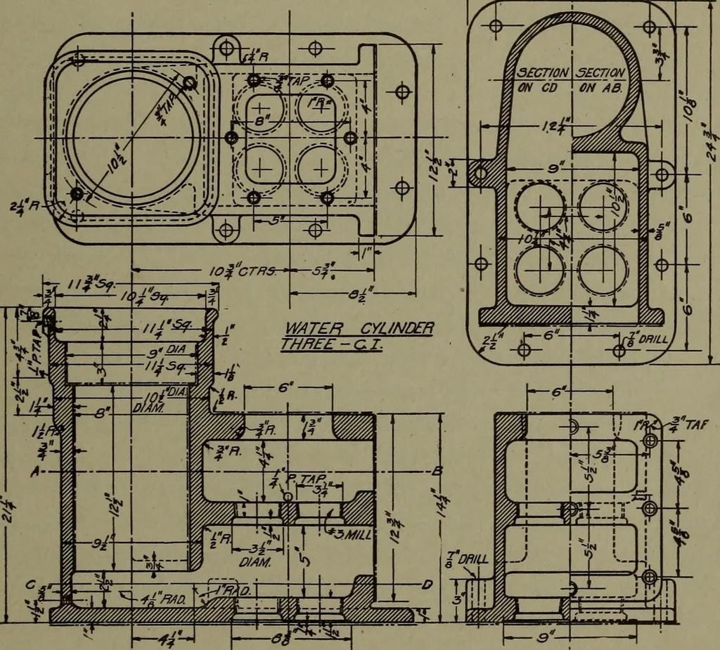 An illustration from Machine drawing, a practical guide to the standard methods of graphical representation of machines, including complete detail drawings of a duplex pump and of a direct-current generator, 1920, leaf 64