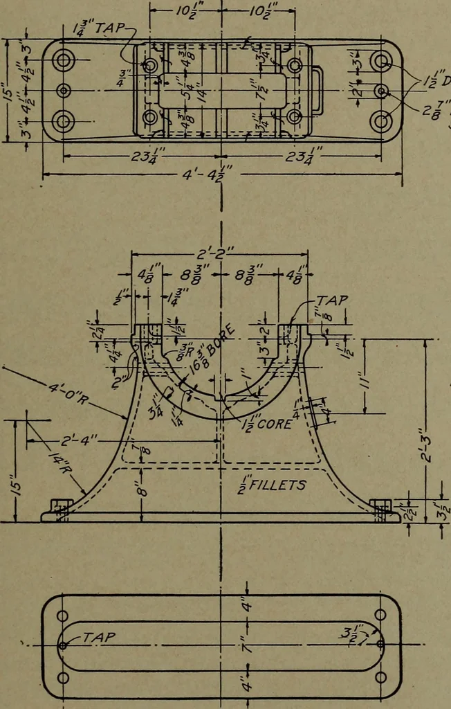 An illustration from Machine drawing, a practical guide to the standard methods of graphical representation of machines, including complete detail drawings of a duplex pump and of a direct-current generator, 1920, leaf 72