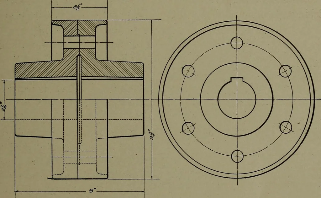 An illustration from Machine drawing; a practical guide to the standard methods of graphical representation of machines, including complete detail drawings of a duplex pump and of a direct-current generator, 1914, leaf 14