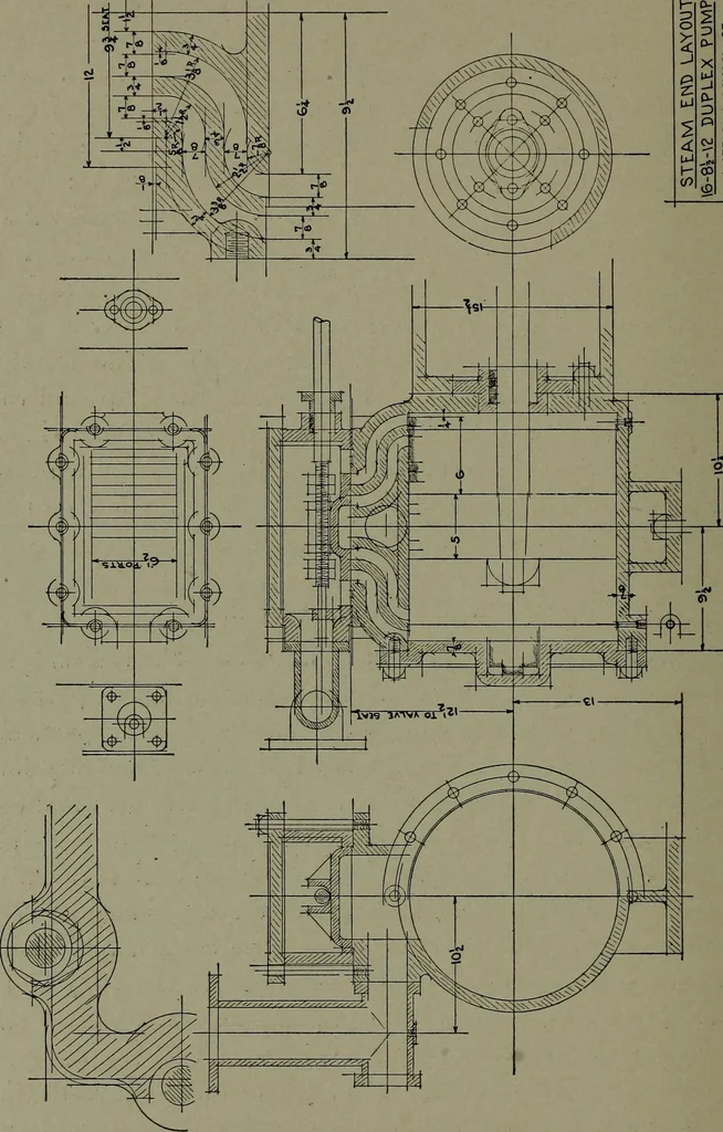 An illustration from Machine drawing; a practical guide to the standard methods of graphical representation of machines, including complete detail drawings of a duplex pump and of a direct-current generator, 1914, leaf 177
