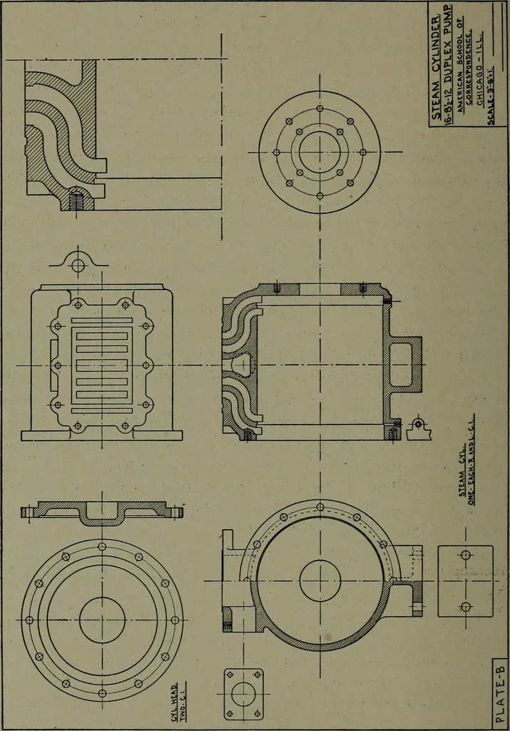 An illustration from Machine drawing; a practical guide to the standard methods of graphical representation of machines, including complete detail drawings of a duplex pump and of a direct-current generator, 1914, leaf 185