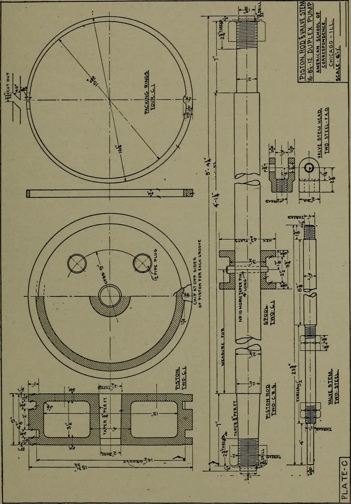 An illustration from Machine drawing; a practical guide to the standard methods of graphical representation of machines, including complete detail drawings of a duplex pump and of a direct-current generator, 1914, leaf 198