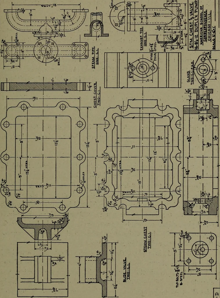 An illustration from Machine drawing; a practical guide to the standard methods of graphical representation of machines, including complete detail drawings of a duplex pump and of a direct-current generator, 1914, leaf 200