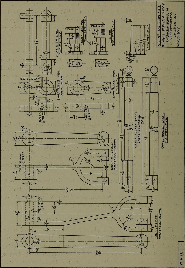 An illustration from Machine drawing; a practical guide to the standard methods of graphical representation of machines, including complete detail drawings of a duplex pump and of a direct-current generator, 1914, leaf 207