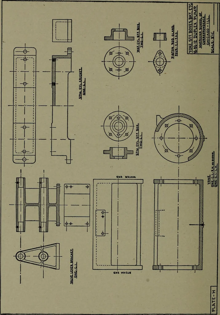 An illustration from Machine drawing; a practical guide to the standard methods of graphical representation of machines, including complete detail drawings of a duplex pump and of a direct-current generator, 1914, leaf 209