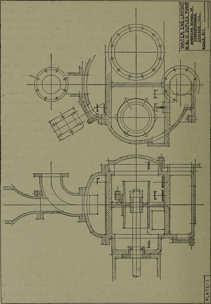 An illustration from Machine drawing; a practical guide to the standard methods of graphical representation of machines, including complete detail drawings of a duplex pump and of a direct-current generator, 1914, leaf 211