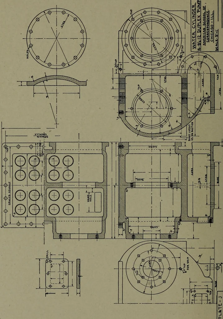 An illustration from Machine drawing; a practical guide to the standard methods of graphical representation of machines, including complete detail drawings of a duplex pump and of a direct-current generator, 1914, leaf 215