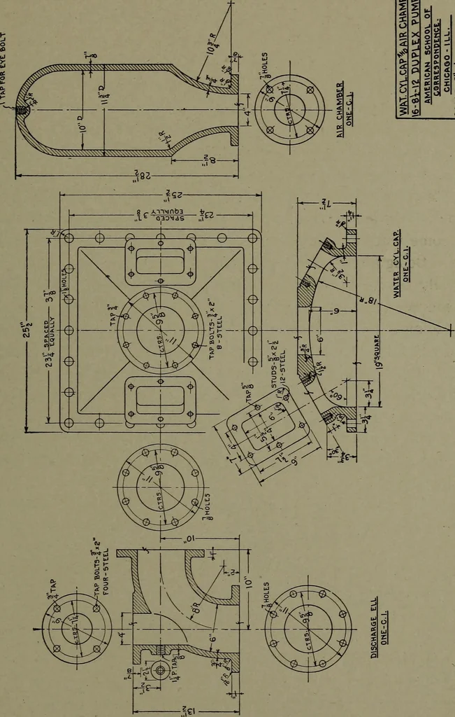 An illustration from Machine drawing; a practical guide to the standard methods of graphical representation of machines, including complete detail drawings of a duplex pump and of a direct-current generator, 1914, leaf 218