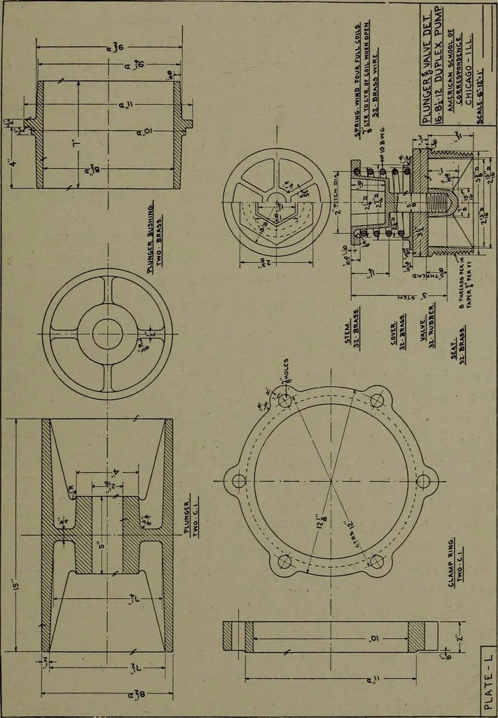 An illustration from Machine drawing; a practical guide to the standard methods of graphical representation of machines, including complete detail drawings of a duplex pump and of a direct-current generator, 1914, leaf 220