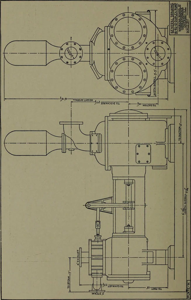 An illustration from Machine drawing; a practical guide to the standard methods of graphical representation of machines, including complete detail drawings of a duplex pump and of a direct-current generator, 1914, leaf 223
