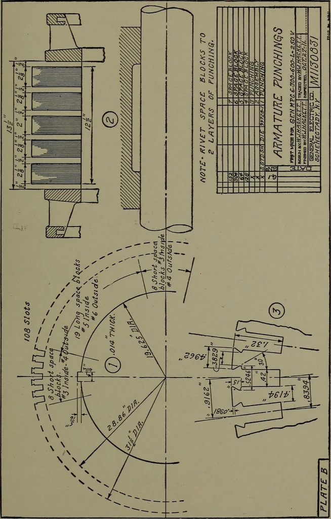 An illustration from Machine drawing; a practical guide to the standard methods of graphical representation of machines, including complete detail drawings of a duplex pump and of a direct-current generator, 1914, leaf 240