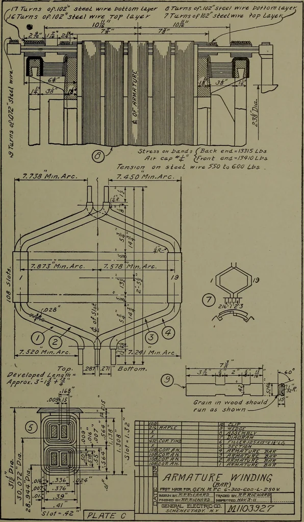An illustration from Machine drawing; a practical guide to the standard methods of graphical representation of machines, including complete detail drawings of a duplex pump and of a direct-current generator, 1914, leaf 242