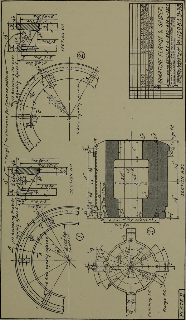 An illustration from Machine drawing; a practical guide to the standard methods of graphical representation of machines, including complete detail drawings of a duplex pump and of a direct-current generator, 1914, leaf 244