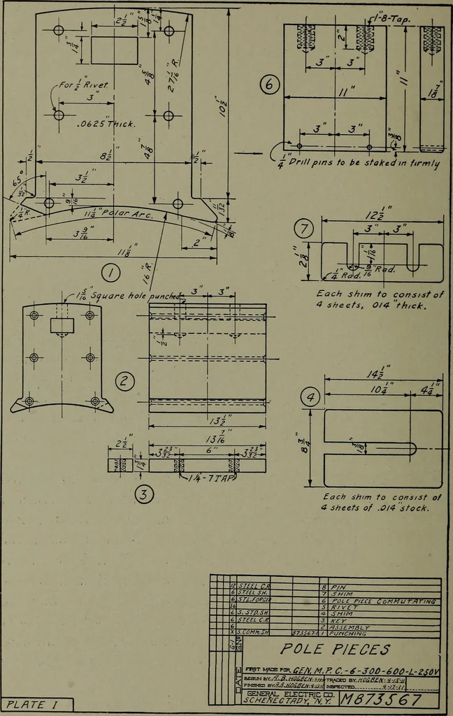 An illustration from Machine drawing; a practical guide to the standard methods of graphical representation of machines, including complete detail drawings of a duplex pump and of a direct-current generator, 1914, leaf 257