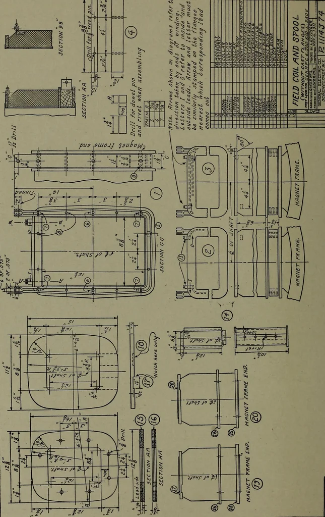 An illustration from Machine drawing; a practical guide to the standard methods of graphical representation of machines, including complete detail drawings of a duplex pump and of a direct-current generator, 1914, leaf 259