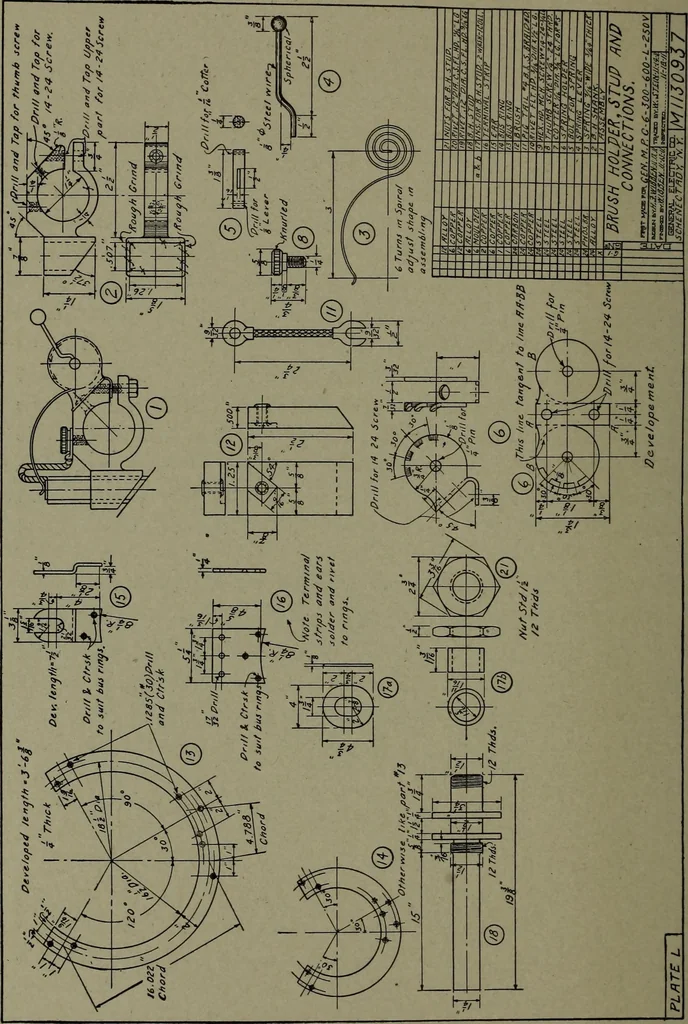 An illustration from Machine drawing; a practical guide to the standard methods of graphical representation of machines, including complete detail drawings of a duplex pump and of a direct-current generator, 1914, leaf 265
