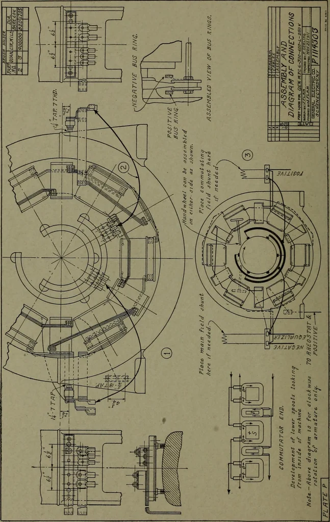 An illustration from Machine drawing; a practical guide to the standard methods of graphical representation of machines, including complete detail drawings of a duplex pump and of a direct-current generator, 1914, leaf 275