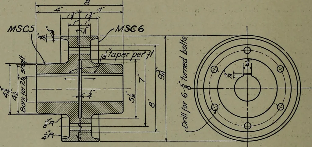 An illustration from Machine drawing; a practical guide to the standard methods of graphical representation of machines, including complete detail drawings of a duplex pump and of a direct-current generator, 1914, leaf 55