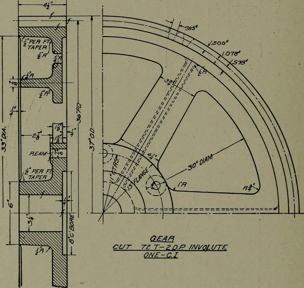 An illustration from Machine drawing; a practical guide to the standard methods of graphical representation of machines, including complete detail drawings of a duplex pump and of a direct-current generator, 1914, leaf 59