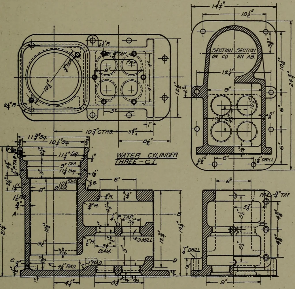 An illustration from Machine drawing; a practical guide to the standard methods of graphical representation of machines, including complete detail drawings of a duplex pump and of a direct-current generator, 1914, leaf 64