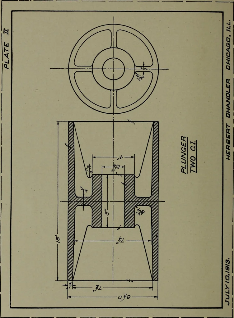 An illustration from Machine drawing; a practical guide to the standard methods of graphical representation of machines, including complete detail drawings of a duplex pump and of a direct-current generator, 1914, leaf 77