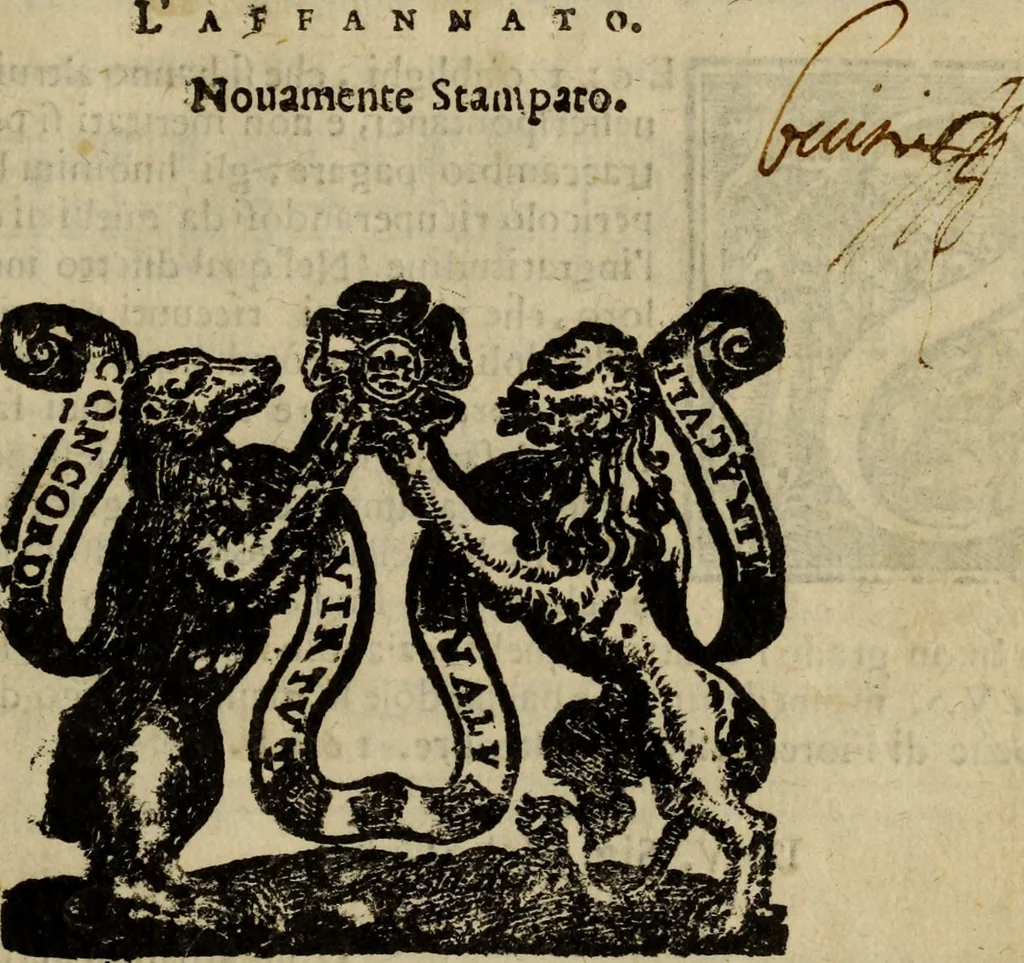 An illustration from Madrigali ... a cinqve voci. Libro primo[-sesto] .., 1611, leaf 388